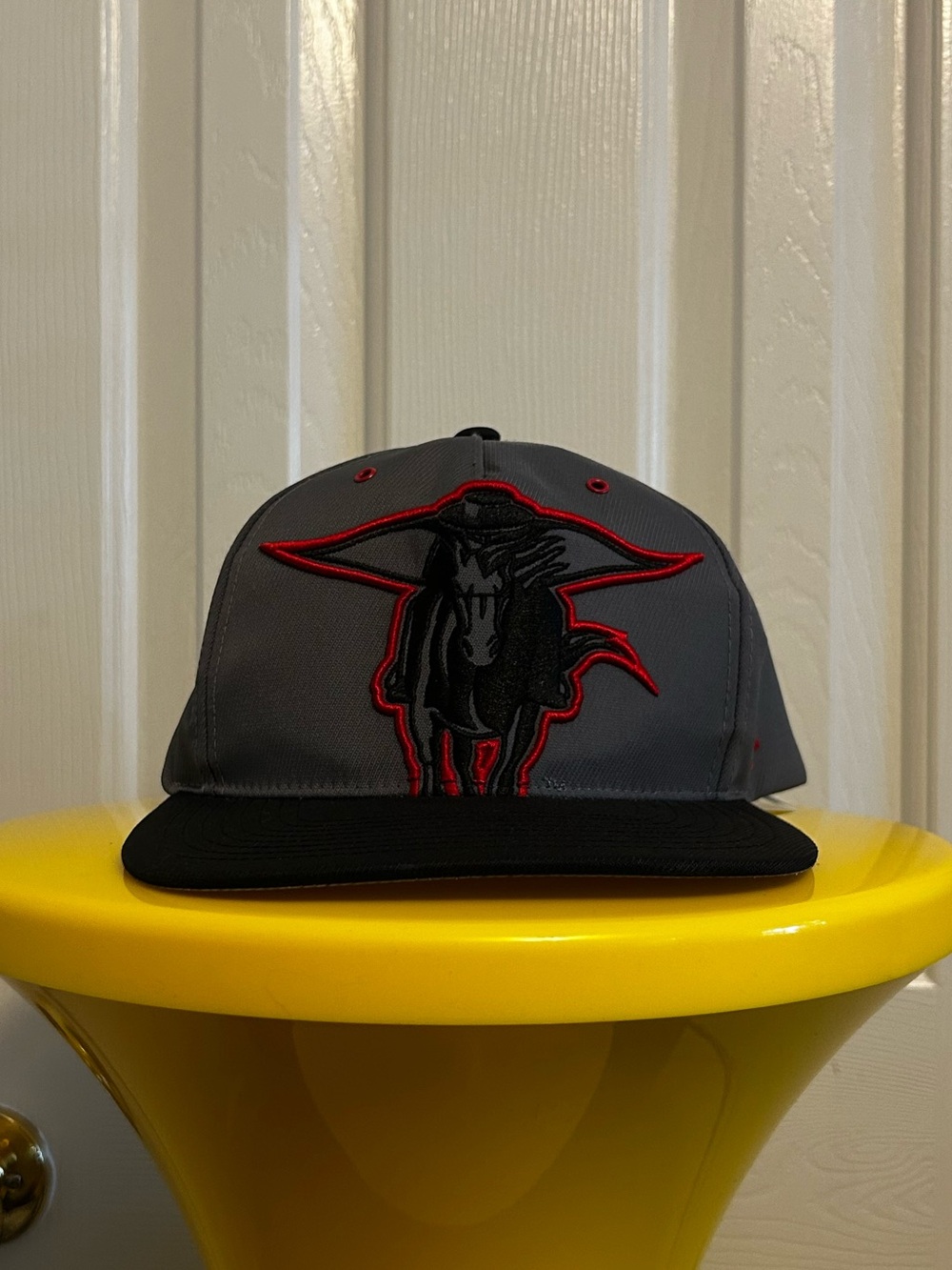 Gray and Black Snapback Hat with Red Embroidered Outline